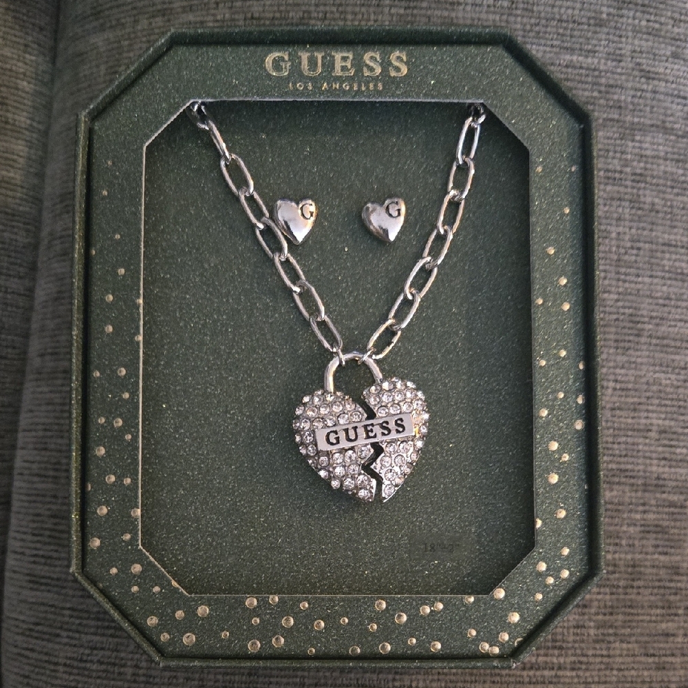 GUESS Silver Heart Necklace and Earrings Set